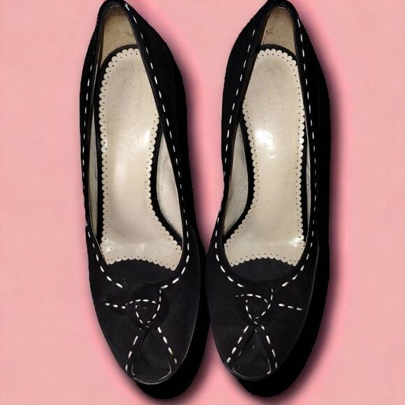 Franco Sarto Womens Black Suede Heel Size 8.5 Open Toe White‎ Stitching 3" Heel - Picture 1 of 11